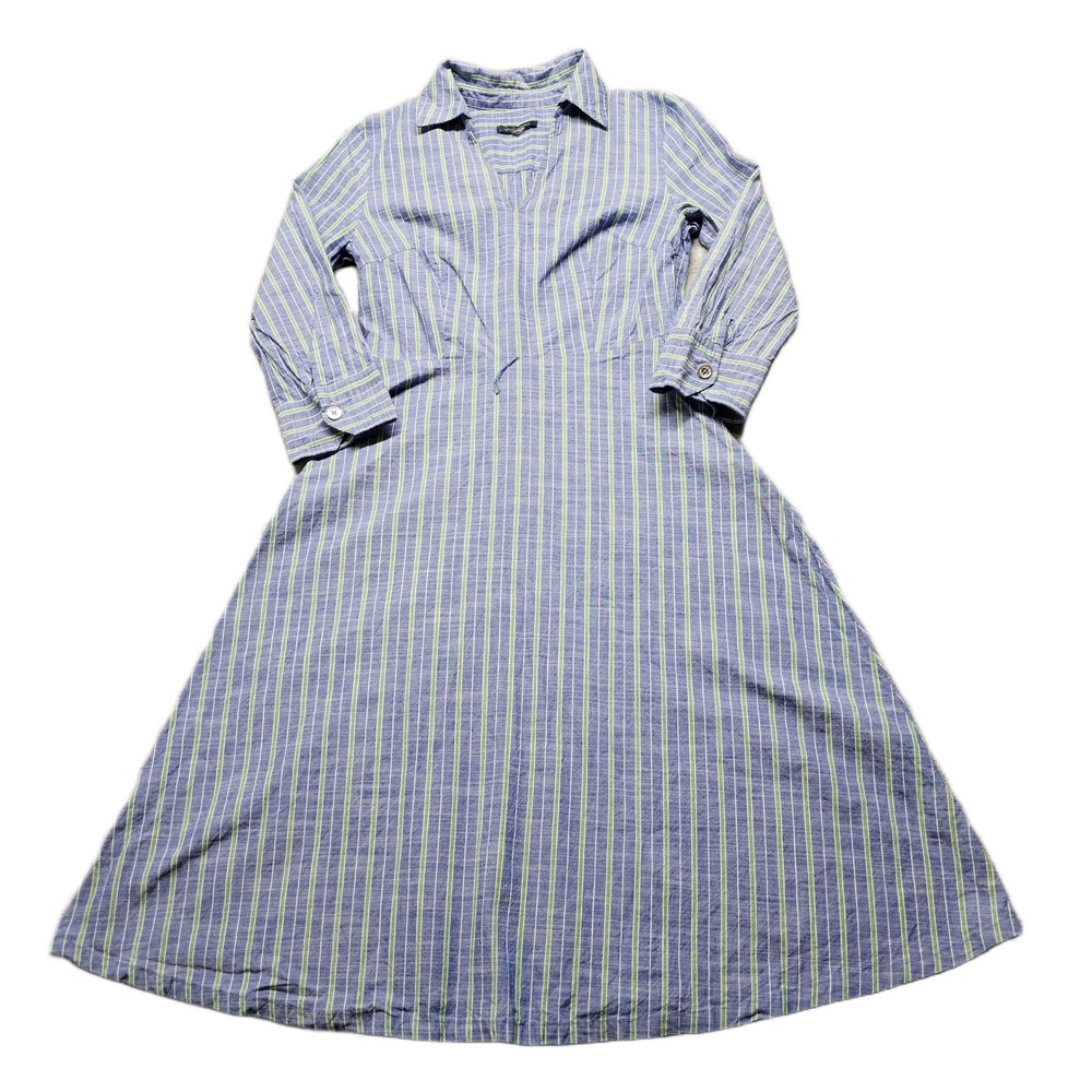 Tommy Hilfiger A-Line Shirt Dress Womens Blue Green Striped Long Sleeve Collared